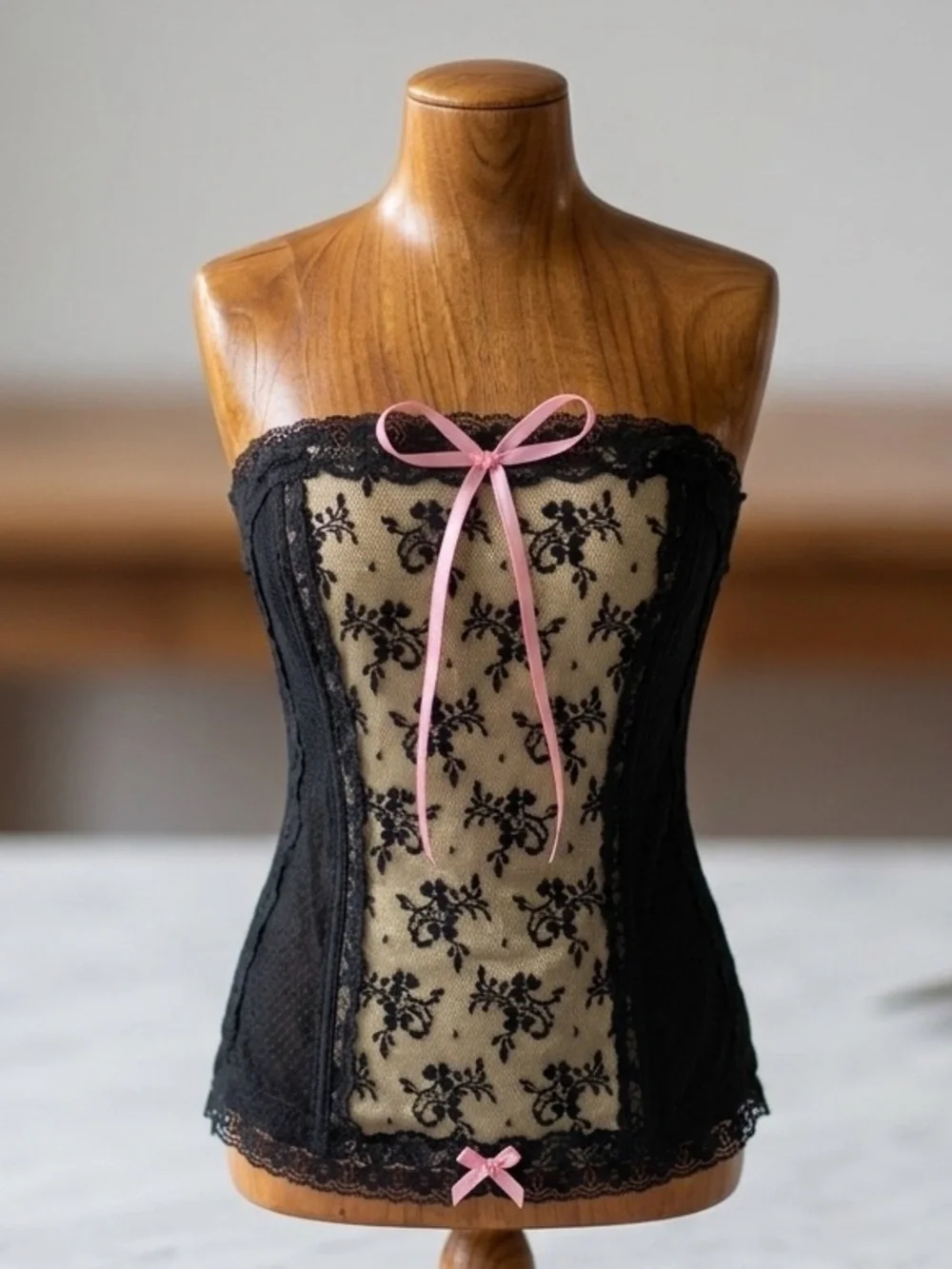 Cacique Black Lace Corset Bustier Strapless Pink Ribbon Plus Size 18/20 Coquette